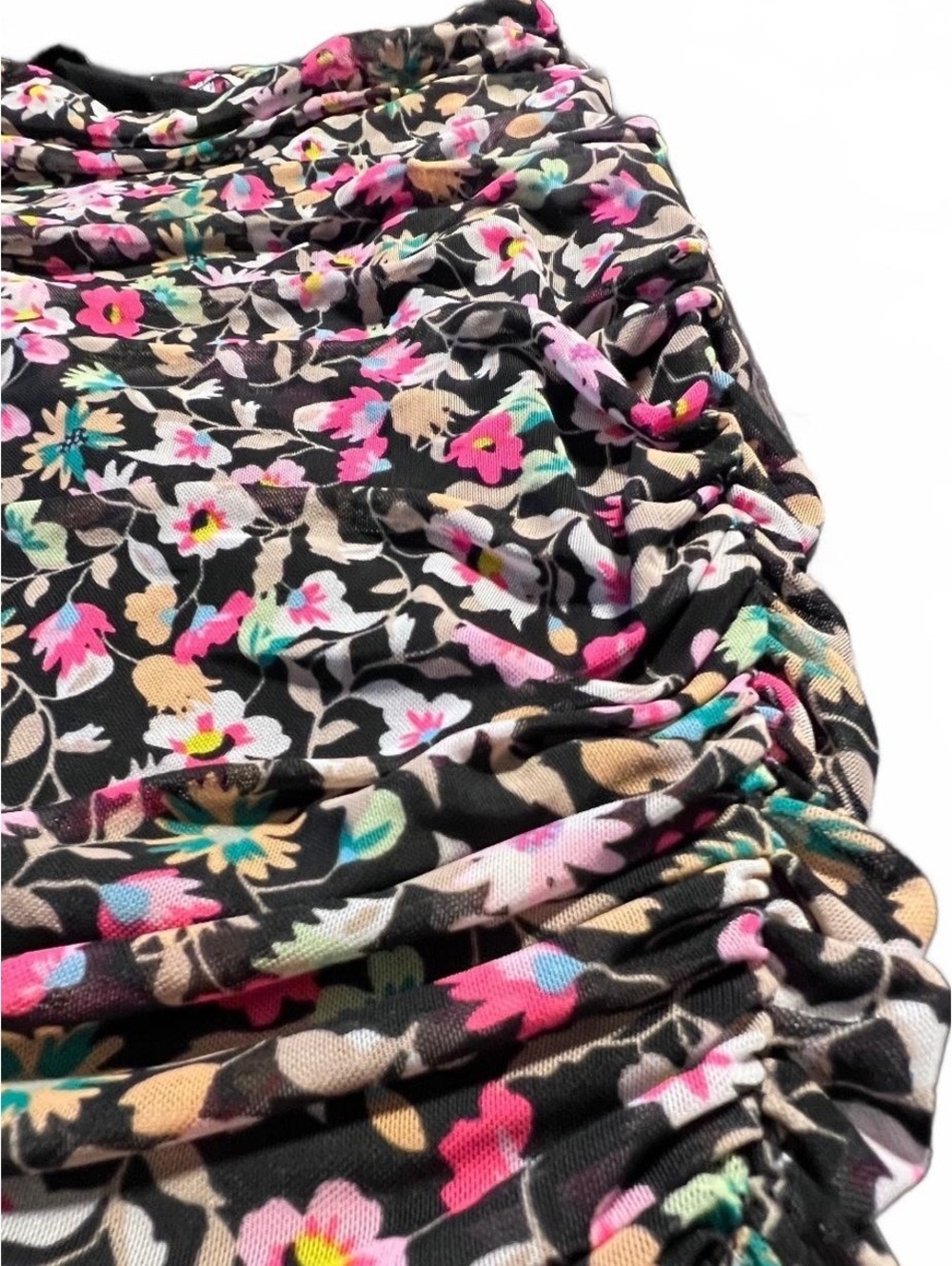 Floral Ruched Mini Skirt, Size M, Black